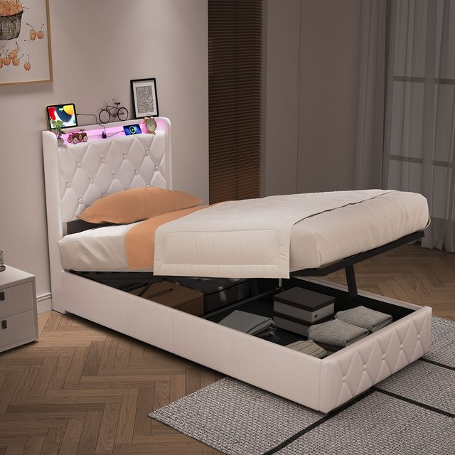 Comanlai Einzelbett mit hydraulischem Stauraum und gepolstertem Kopfteil, Breite: 90 cm, Tiefe: 200 cm, Farbe: Beige/Weiß - Bild 1