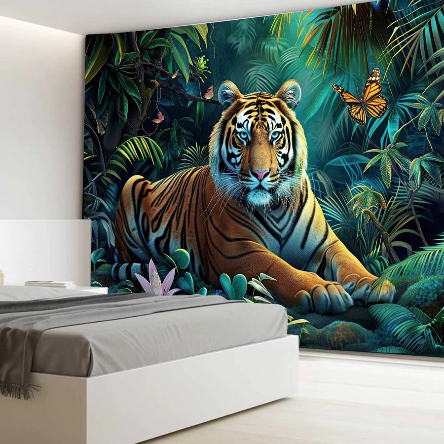 VIKAMA Wandteppich mit Tiger-Motiv im tropischen Dschungel-Design zur Wanddekoration - Bild 2