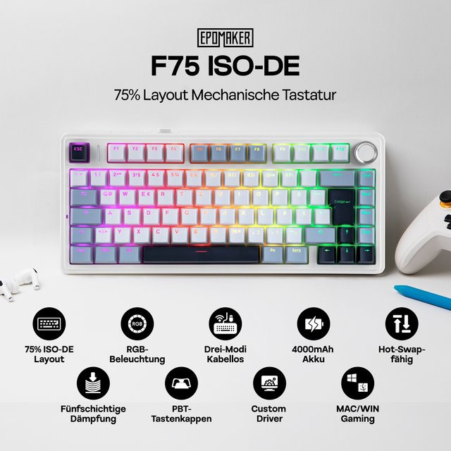 Epomaker x Aula F75 Mechanische Tastatur mit Tri-Mode-Konnektivität, QWERTZ Deutsches Layout, Kabellos, 4000-mAh-Akku, Weiß/Blau - Bild 1