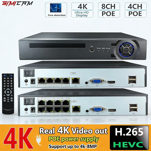 SIMICAM 4K 10CH NVR Videorecorder mit 4/8 Port PoE für 8MP 5MP 4MP Onvif IP-Kameras, Audio-Überwachungssystem, Schwarz - Bild 1