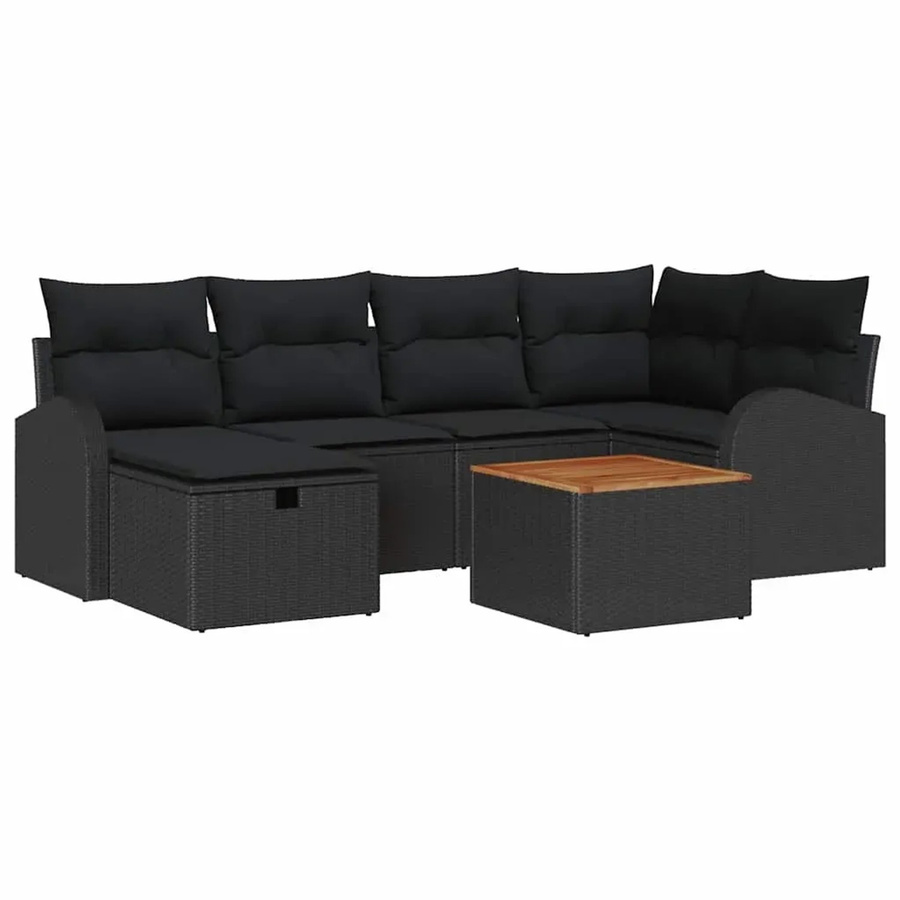 vidaXL Garten-Sofa-Set aus Poly Rattan in Schwarz mit Kissen, 7-teiliges L-Shape Lounge-Set mit Tisch, Eckstuhl, Armsofas, Mittelsitzen und Fußhocker - Bild 2