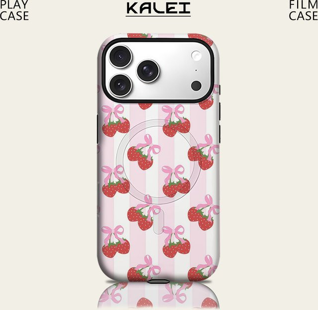 Potdemiel Erdbeer-Handyhülle mit Blush & White Stripe für iPhone 17 16 15 14 13 Pro Max Plus, magnetische robuste Doppel-Schicht-Hülle in Pink und Weiß - Bild 1