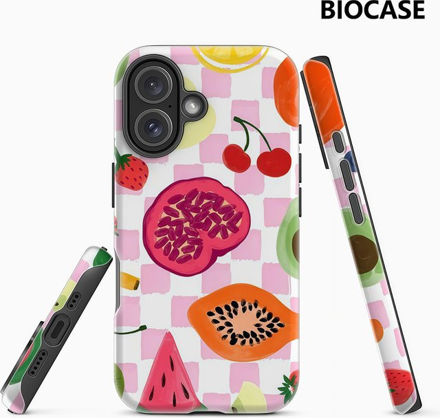 Handyhülle mit buntem Früchte-Schachbrett-Muster in Rosa für Apple iPhone 17 16 15 14 13 Pro Max Plus mit doppelschichtiger Rückseite - Bild 1