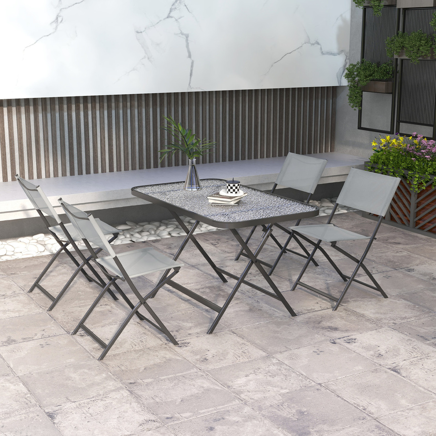 Outsunny Gartenmöbelset 5-teilig in Grau mit 4 klappbaren Textilene-Stühlen und einem Gartentisch mit gehärteter Glasplatte - Bild 2