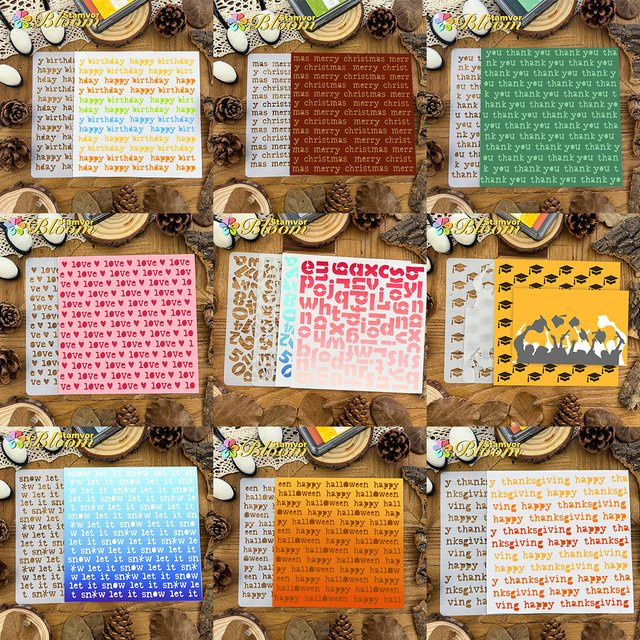 Schablonen-Set aus Papier mit Alphabet, Wörtern und Mustern für Graffiti und Sprühfarbe, Mehrfarbig, B/H: 15,2 x 15,2 cm - Bild 1
