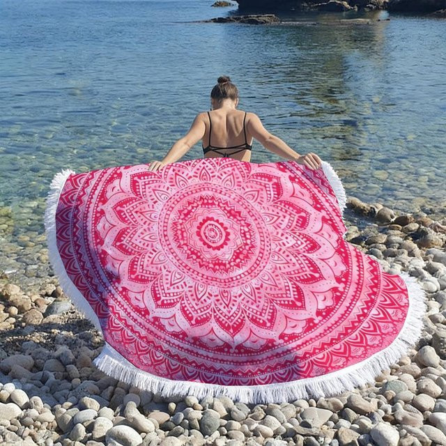 Rundes Blumen-Mandala Strandtuch von JMG Household Supplies in Pink, schnelltrocknend und sandfest aus Mikrofaser, Durchmesser: 100 cm - Bild 1
