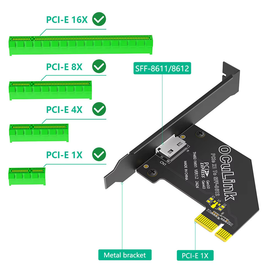 TISHRIC PCIe 4.0 X1 X4 zu Oculink SFF 8611/8612 Riser Adapterkarte für PCI Express 1X 4X zu PCI-E SSD Konvertierung mit langer Profilhalterung, Schwarz - Bild 2