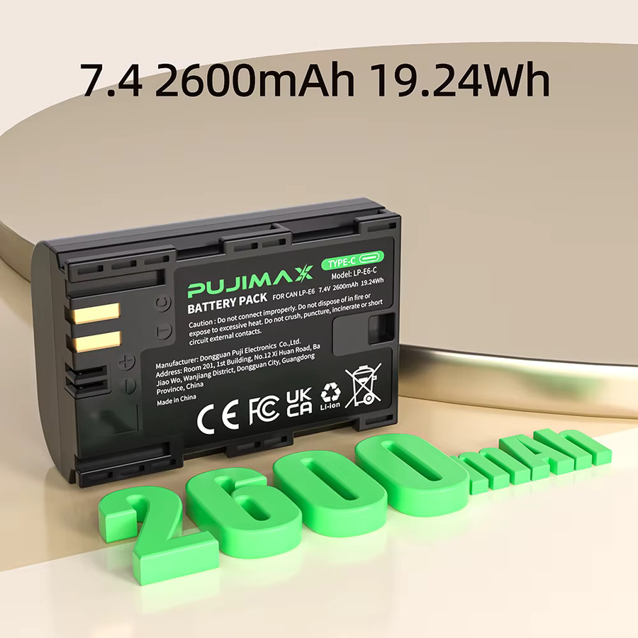 PUJIMAX LP-E6NH Ersatzakku mit 2600mAh und USB-C-Eingang für Canon R7 R5 R6 5D IV 6D II 7D II 60D in Schwarz - Bild 3