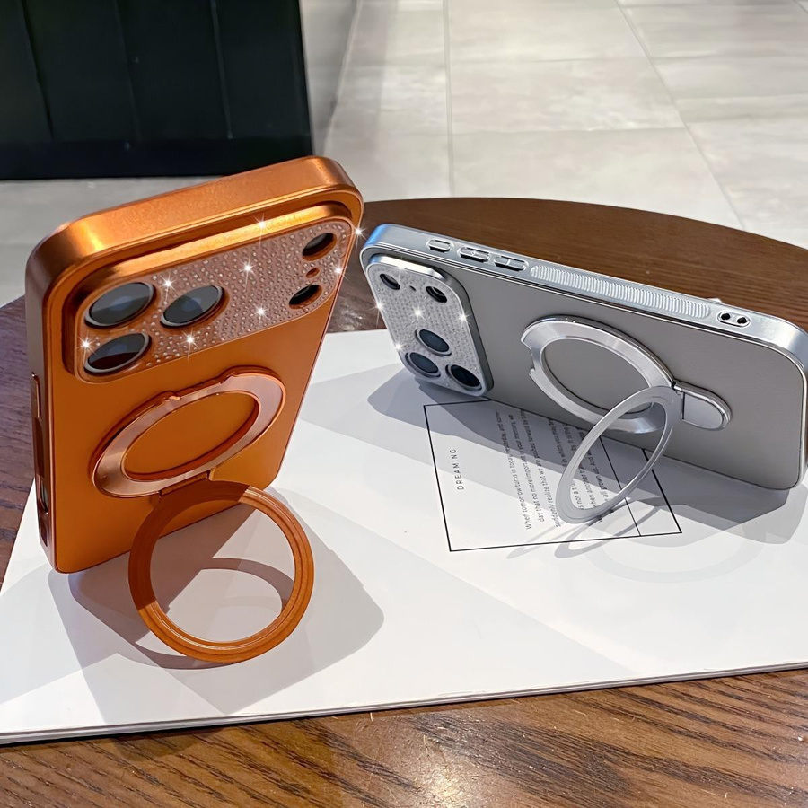 Glitzer Diamant Handyhülle aus PU Leder mit Ständer für Apple iPhone 16 15 14 13 Pro Max Plus in Orange - Bild 1