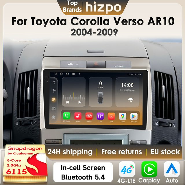 Hizpo Android 14 Autoradio für Toyota Corolla Verso AR10 2004 - 2009 mit 8 Kernen, Snapdragon 6115, GPS, 4G und Carplay in Schwarz - Bild 1