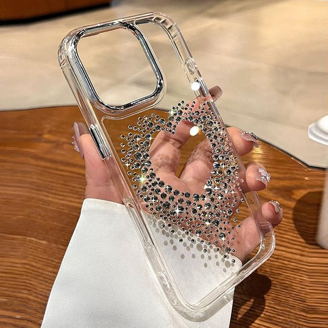 Yiran Bag Diamant Liebesherz Handyhülle für iPhone 16 Pro Max 15 14 13 12 11 Plus Transparente Acryl Metall Abdeckung in Braun - Bild 1