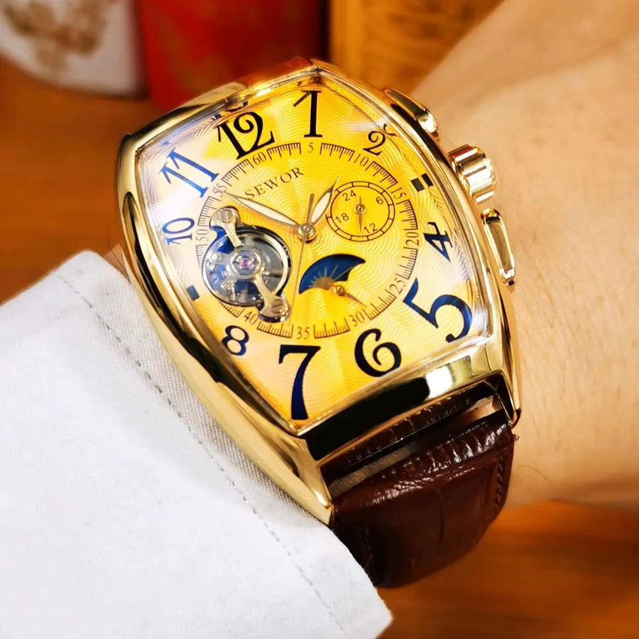 SEWOR Armbanduhr, Automatik, Gold, Tonneau, Leder, Herren - Bild 4