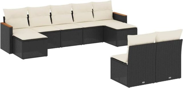 vidaXL 9-teilige Garten-Sofagarnitur in L-Form aus Polyrattan und Akazienholz mit Kissen in Schwarz und Cremeweiß - Bild 1