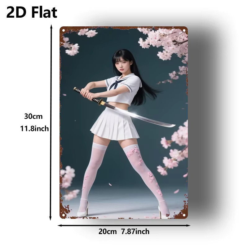 Vintage-Metallschild CIFBUY mit Sakura-Mädchen und Katana-Motiv, rechteckige Wandkunst in Mehrfarben, Breite: 20,3 cm, Höhe: 30,5 cm - Bild 2