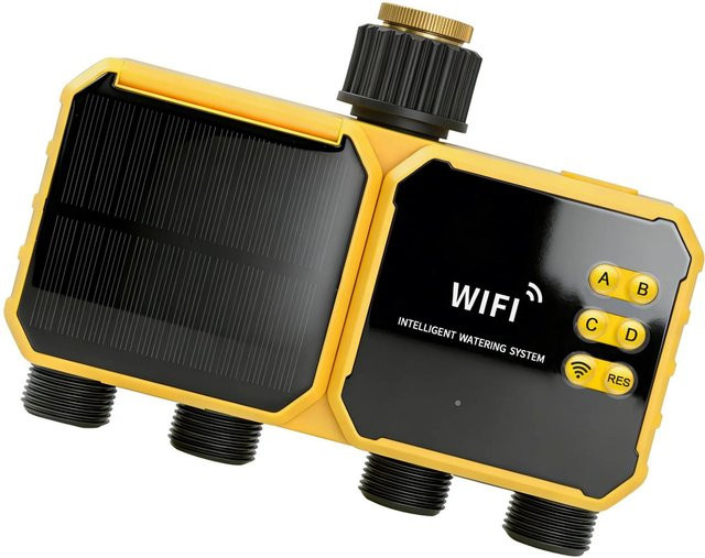 Solar-WLAN-Bewässerungszeitschaltuhr mit 4 Zonen und App-Fernsteuerung, Regensensor-Funktion, Gelb - Bild 1