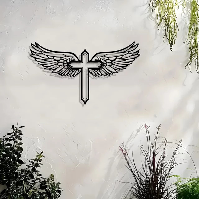 CIFBUY Wandkunst Engelsflügel Kreuz aus Metall in Schwarz als religiöse Dekoration für dein Zuhause - Bild 1
