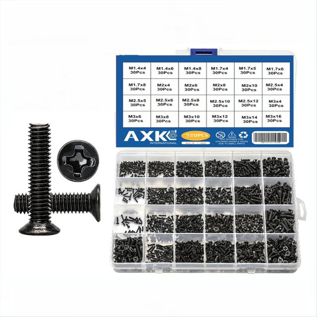 AXK 720-teiliges Schraubenset aus Kohlenstoffstahl in Schwarz mit Senkkopf und Kreuzschlitz für Computer, Notebooks und Laptops (M1.4, M1.7, M2, M2.5, M3) - Bild 1