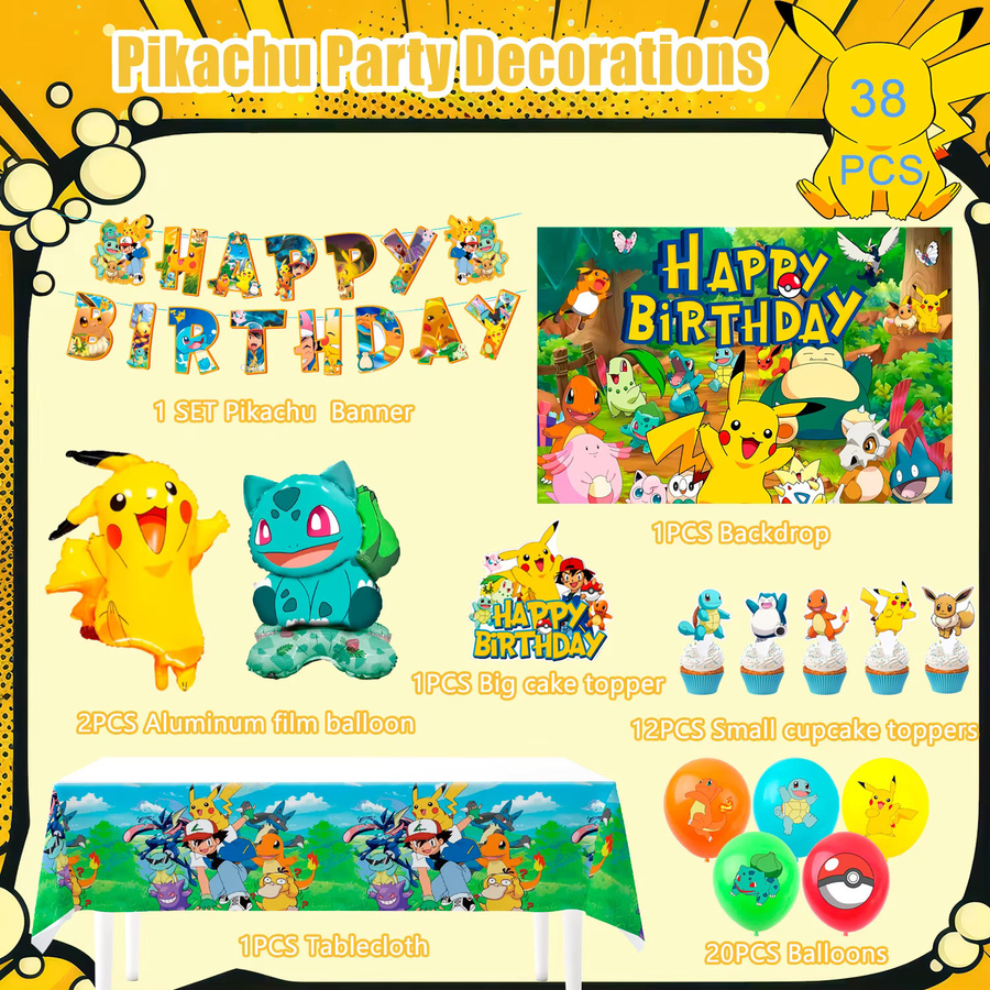 Potdemiel 38-teiliges Pokemon Geburtstagsparty Dekorationsset in Mehrfarbig mit Ballons, Banner, Kuchendekoration und Hintergrund für Kinder - Bild 3