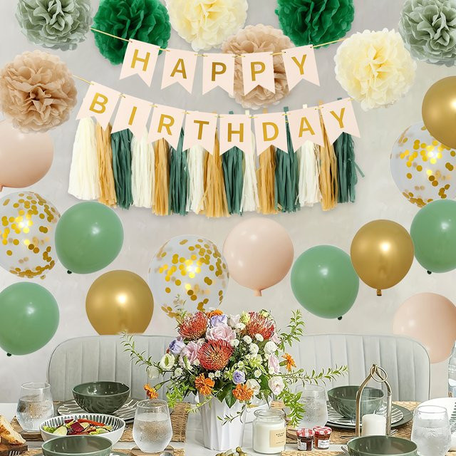 Huiran Geburtstagsparty-Dekorationsset in Grün, Rosa und Lila mit Happy Birthday Banner, Konfetti-Ballons und Fransenvorhang für Kinder und Erwachsene - Bild 1