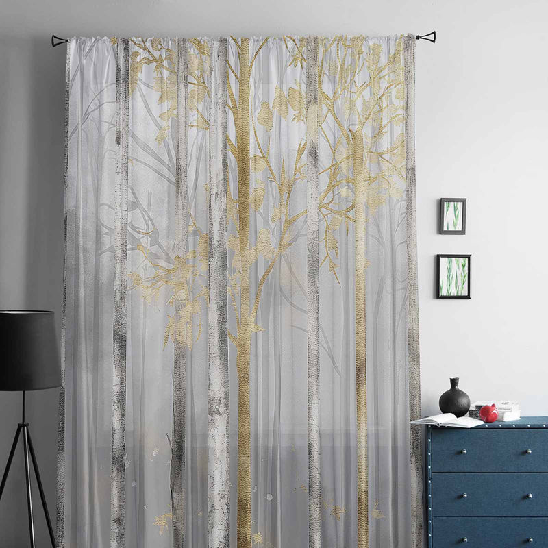 Transparente Chiffon-Fenstervorhänge mit abstraktem Ölgemälde-Baum-Motiv im Sonnenuntergang, Breite: 135 cm, Höhe: 114 cm - Bild 2