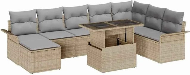 vidaXL Garten-Sofa-Set mit Kissen und Speicherfunktion, 9-teilig, Polyrattan und pulverbeschichteter Stahl, Beige und Hellgrau - Bild 1