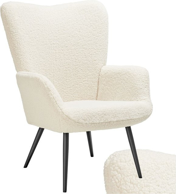 tectake Hygge Sessel mit Armlehnen und ergonomischer Rückenlehne aus Bouclé-Stoff in Beige und Schwarz, B/T/H: 72 x 76 x 100,5 cm - Bild 1