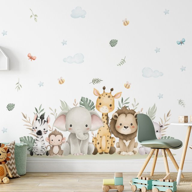 BRUP Wandtattoos mit Cartoon Tieren wie Löwen, Elefanten und Giraffen für das Kinderzimmer, abnehmbare PVC Wandaufkleber in Mehrfarbig - Bild 1