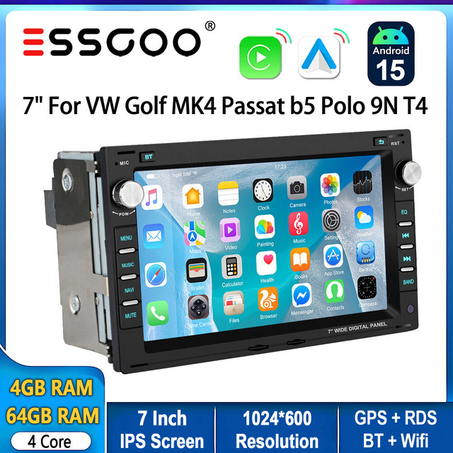 ESSGOO Android 15 Autoradio mit 7 Zoll Display, 64G Speicher, kabelloses CarPlay, Android Auto, GPS Navigation, Bluetooth und Lenkradsteuerung in Schwarz für VW Polo 9N, Golf 4, Passat B5, T5 Multivan und Seat Jetta - Bild 1