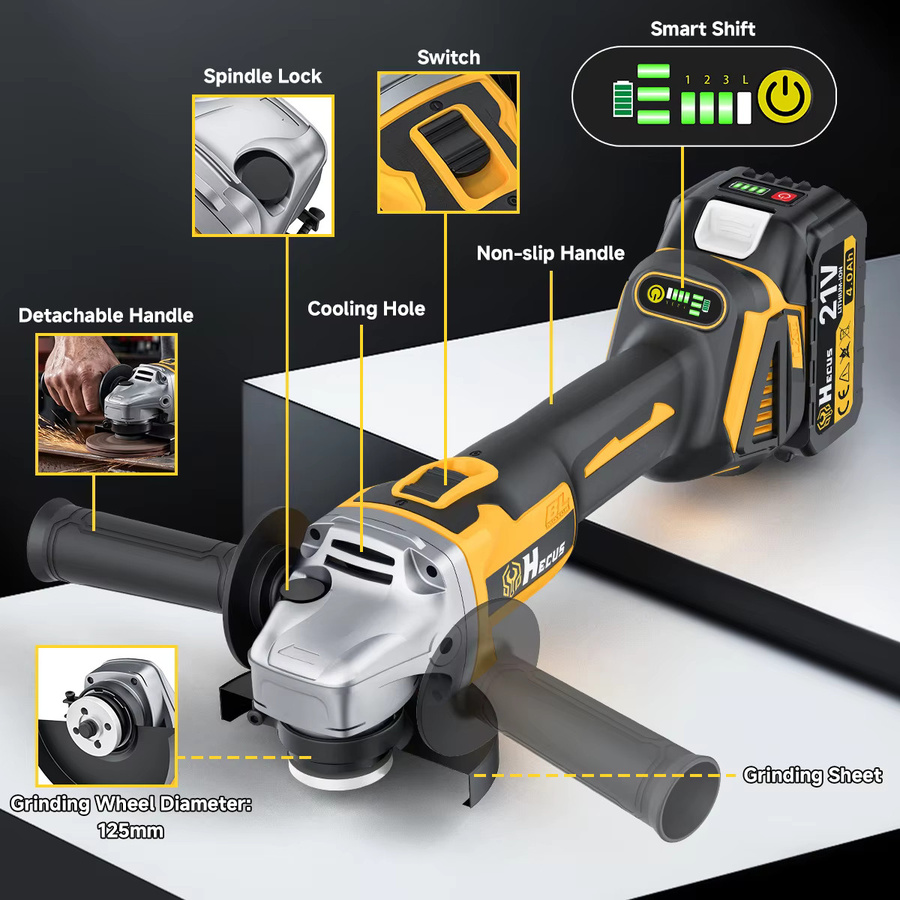 Hecus Bürstenloser elektrischer Winkelschleifer 125 mm mit 4 Geschwindigkeiten, kabellos für Makita 18 V Akku, M14 Anschluss zum Schneiden und Polieren - Bild 5