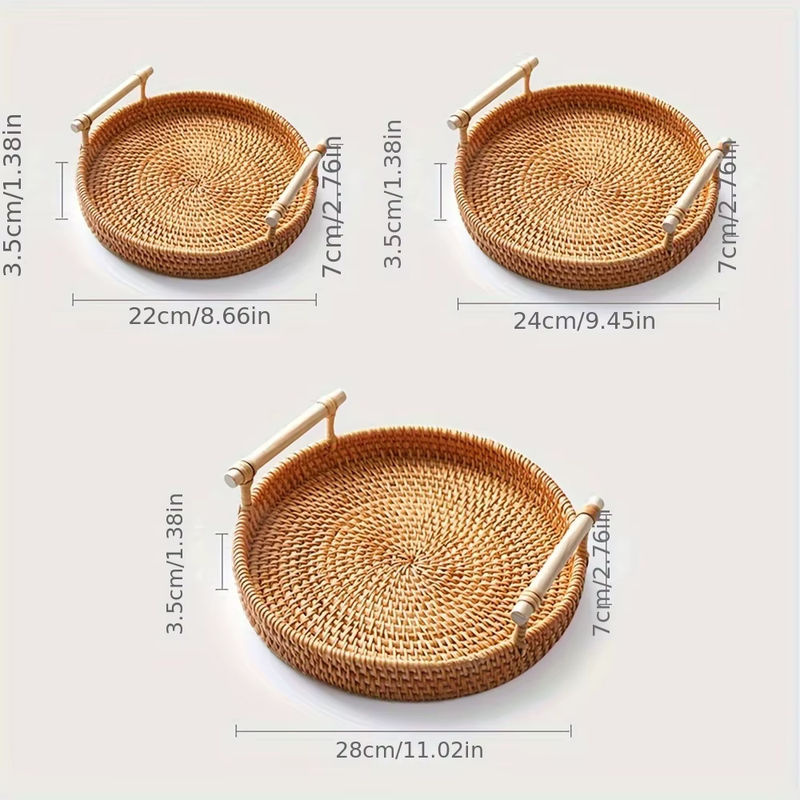 Handgefertigtes Rattan-Tablett in Braun, Rundes Obst- und Snack-Tablett im Bohemian-Stil - Bild 6
