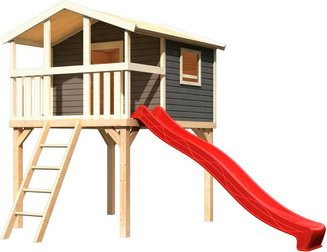 Karibu Stelzenhaus Benjamin in Terragrau mit Holzleiter und roter Rutsche, B/H/T: 225 x 309 x 250 cm - Bild 3
