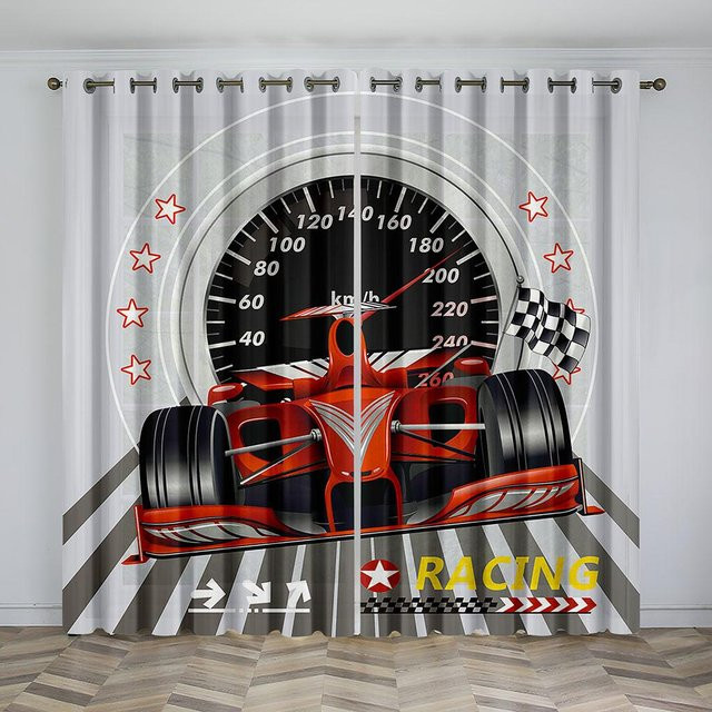 Yiran Furniture Cartoon Rennsportwagen Vorhänge für Kinderzimmer und Wohnzimmer, 2er-Set, Mehrfarbig, Breite: 70 cm, Höhe: 185 cm - Bild 1