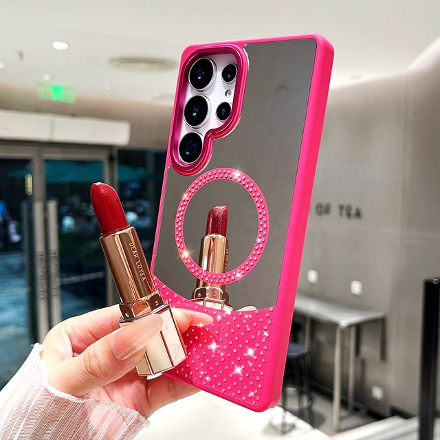Glitzer-Diamant Schminkspiegel Handyhülle mit Magnetfunktion für Samsung Galaxy S26 Ultra S25 S24 S23 S22 Plus S21 FE A55 in Pink - Bild 1