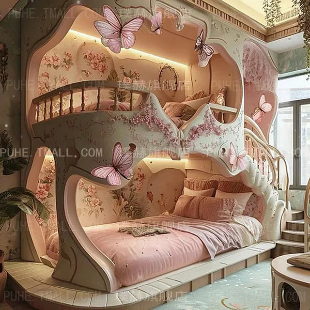 Luxuriöses Kinderbett im Baumhaus-Design als Prinzessinnenschloss in Rosa aus lackiertem Holz - Bild 1