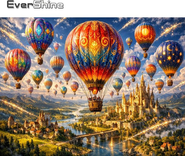 EverShine Diamant-Mosaik DIY Vollbohr-Stickerei Heißluftballon Landschaft Wanddekoration, Mehrfarbig, B/H: 30 x 30 cm - Bild 1