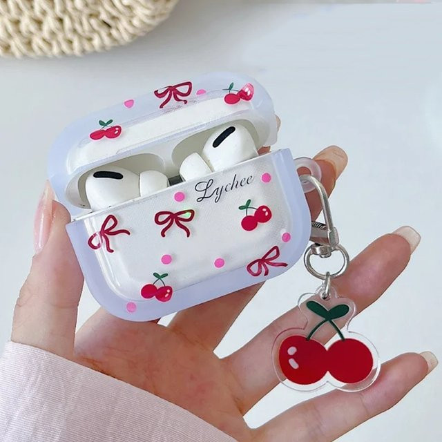 Süße Schleife Kirsche Kopfhörerhülle für Apple AirPods Pro 1 & 2 mit Kirschanhänger und Schutzhülle für AirPods 4 3 2 1 - Bild 1