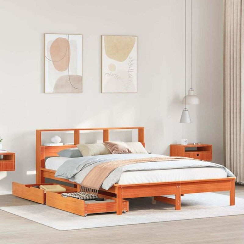 Massivholzbett aus Kiefer mit Regal in Braun von vidaxl, B/T/H: 150 x 200 cm - Bild 1