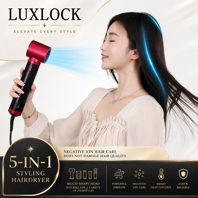 LUXLOCK 5-in-1 Haartrockner Lockenstab Heißluftbürste Haarglätter Styling-Set, Unisex, blau, gold - Bild 1