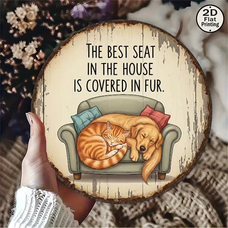 Potdemiel Vintage Metallwandkunst Rund mit Katzen und Hunden, Rustikales Dekoschild aus Eisen, Mehrfarbig, Durchmesser: 20,32 cm - Bild 5