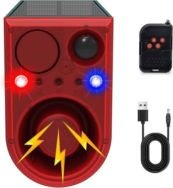 SHTZZCA Solar Außen Bewegungsmelder Alarm mit 130dB Sirene und rot-blau blinkendem LED-Stroboskoplicht sowie 13 Außengeräuschen - Bild 1