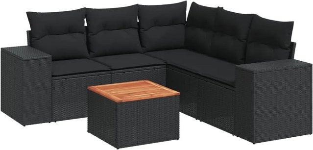 vidaXL 6-tlg Garten-Sofagarnitur in L-Form aus schwarzem Poly-Rattan mit Kissen und pulverbeschichtetem Stahlgestell - Bild 1