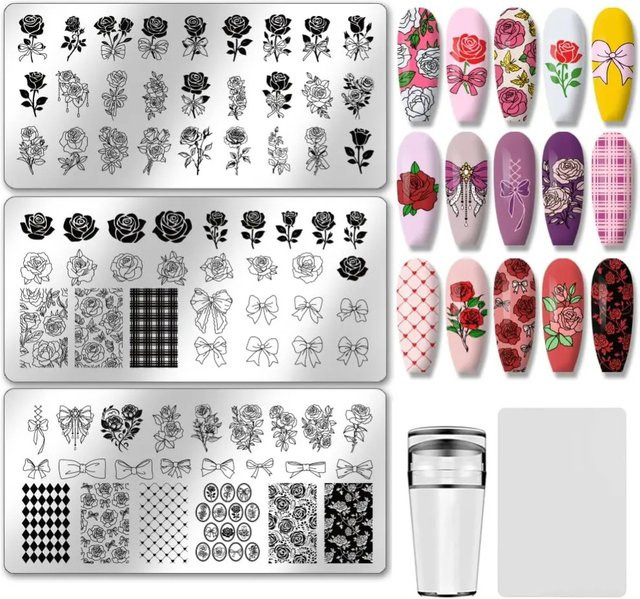 3 Stück Nagelstempelplatten, Rosenblüten, Schleife, Blumenstrauß - Bild 1