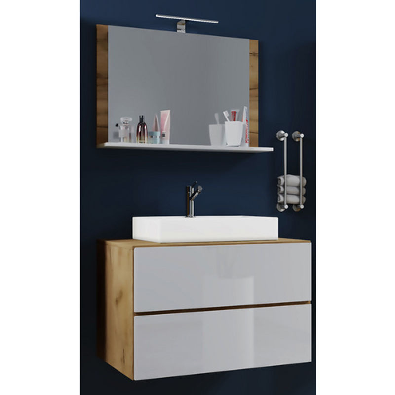 VCM Badmöbel Set Lendas 3-teilig in Weiß und Eiche mit Unterschrank, Waschbecken und Spiegel, B/H/T: 80 x 55 x 52 cm - Bild 2