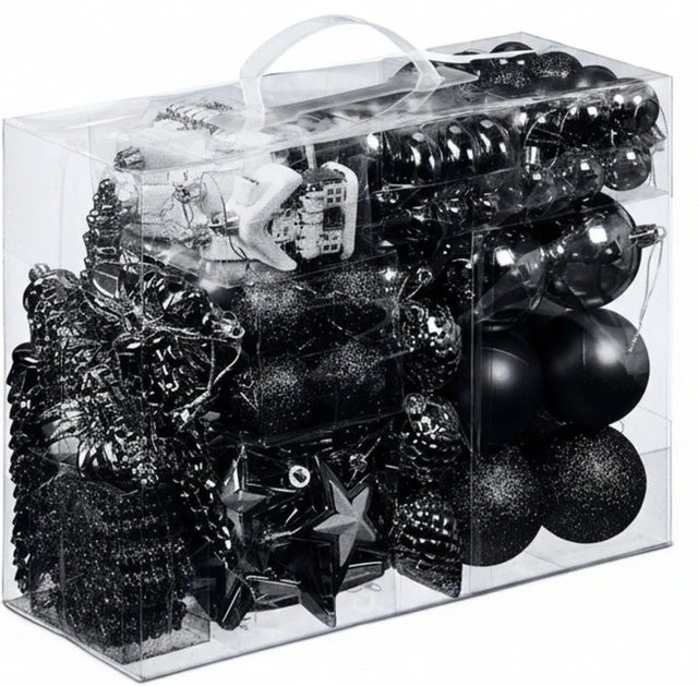 Relaxdays Weihnachtskugeln aus Polystyrol in Schwarz, 100er Set mit Aufbewahrungsbox, inklusive Zapfen, Blumen, Sternen, Häusern und Schneeflocken - Bild 1