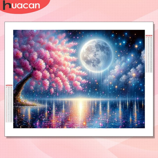 HUACAN Diamant-Mosaik-Set Kirschblüten-Landschaft mit See und Mond, Mehrfarbig, B/H: 30 x 20 cm - Bild 1