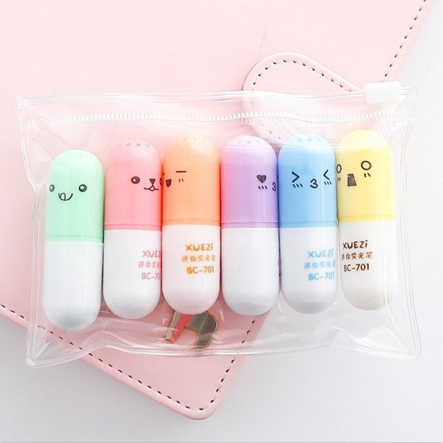 6er Set Kawaii Mini-Textmarker in Pillenform, bunte Gelstifte im koreanischen Design für Kinder - Bild 1