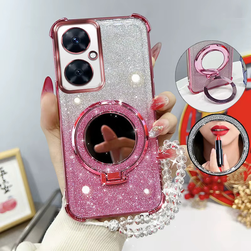 Stoßfeste Handyhülle für Huawei Nova 11i, Nova 11 und Nova 12 SE mit Glitzer-Design, Spiegelständer und Perlenarmband in Pink - Bild 1