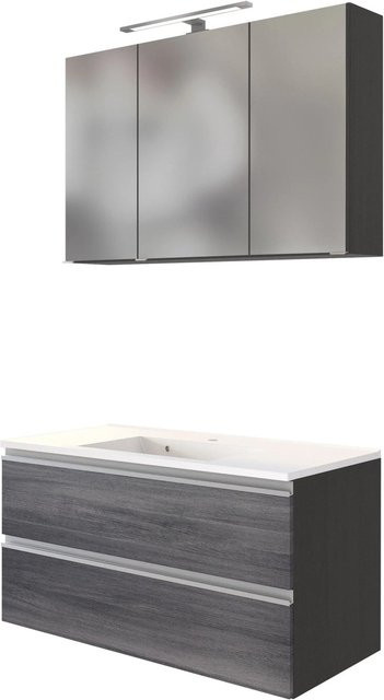 Held Möbel Waschtisch-Set Neapel 2-tlg. mit Mineralgussbecken und Spiegelschrank, Eiche Rauchsilber-Graphitgrau, Breite: 100 cm - Bild 1