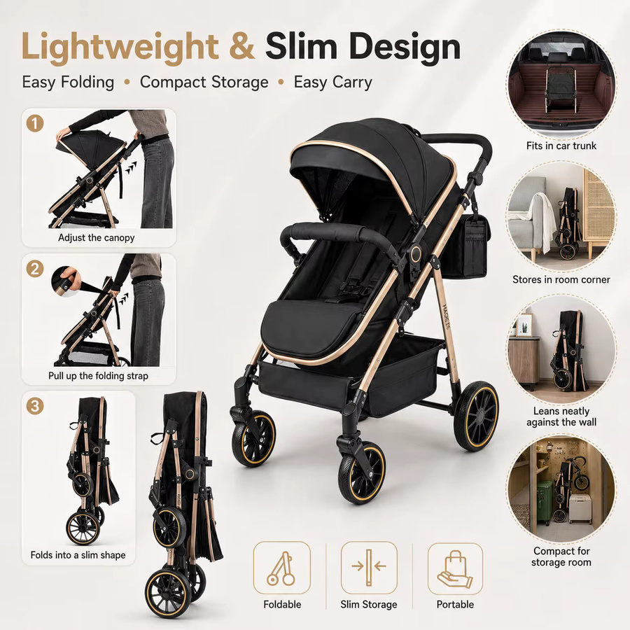 3-in-1 Baby-Kinderwagen Reisesystem mit Babywanne und Babyschale, faltbar und leicht, Schwarz-Gold mit Stoßdämpfung und EVA-Rädern - Bild 3