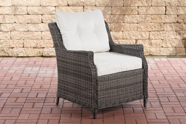 TPFGarden Sessel Pantheon aus Polyrattan in Cremeweiß mit graumelierten UV-beständigen Polsterkissen und Metallrahmen